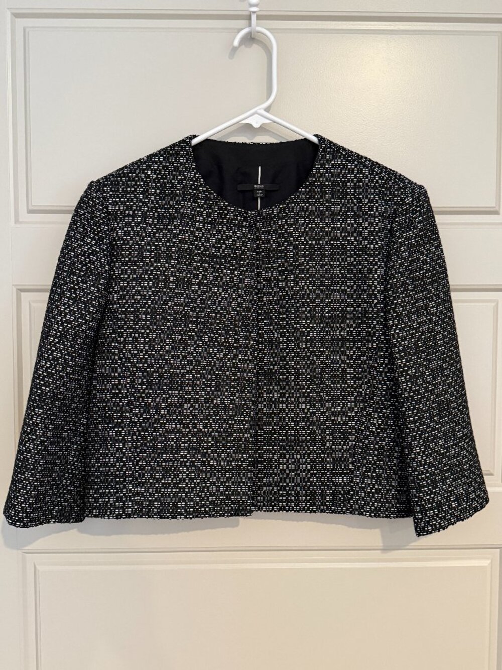 BOSS Hugo Boss Black & White Tweed Cropped Collarless Blazer Jacket US 10